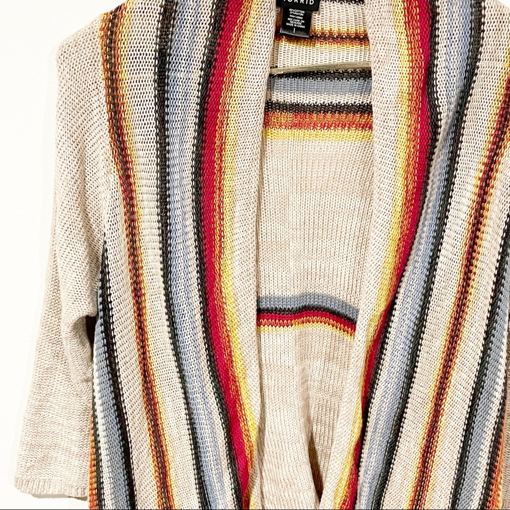 Torrid Plus Size 1X Tan‎ Rainbow Stripe Open Front Draped Cardigan - Picture 3 of 5